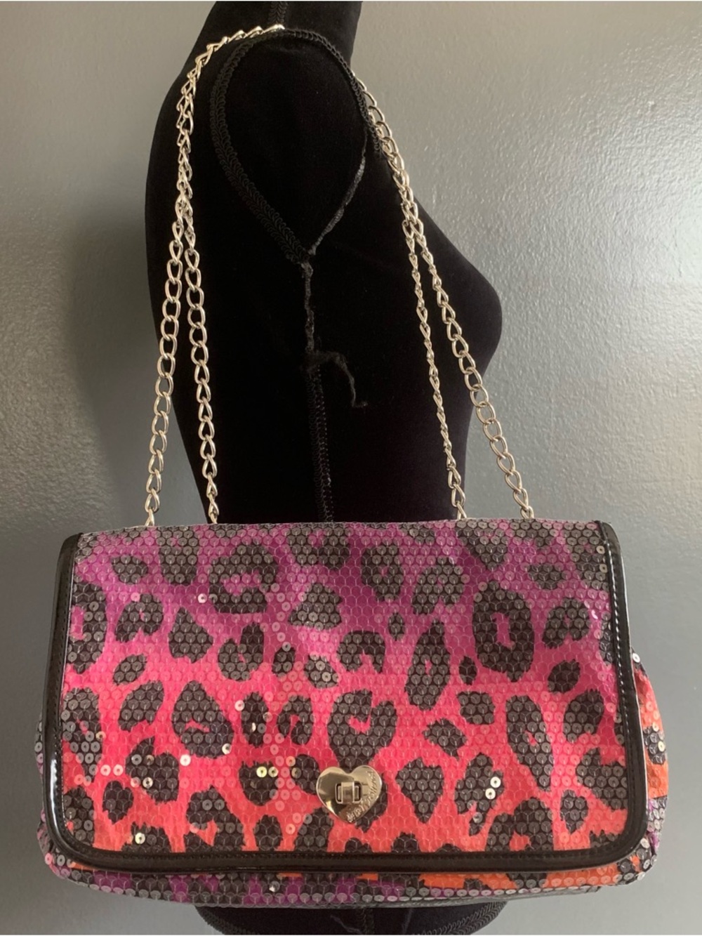 Betsey Johnson Pink to Orange Sequin Leopard Shoulder Bag with Gold Chain